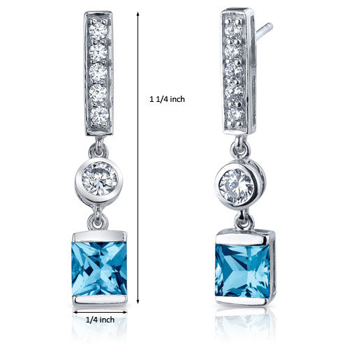 Swiss Blue Topaz Earrings Sterling Silver Princess Cut 2.5 Cts