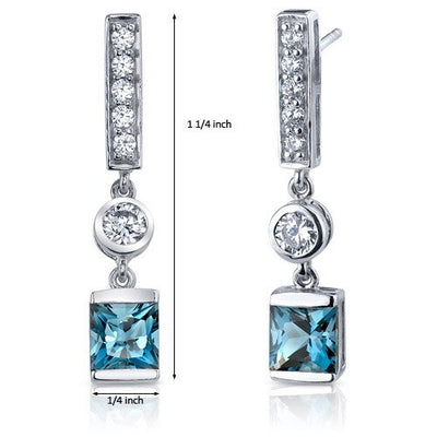 London Blue Topaz Earrings Sterling Silver Princess Cut 2.5 Cts