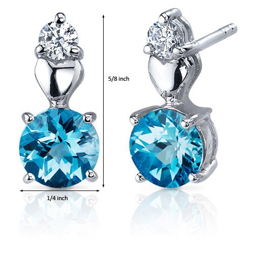 Swiss Blue Topaz Earrings Sterling Silver Round Shape 2 Carats