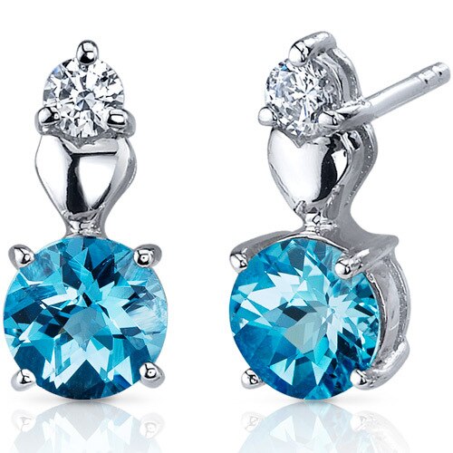 Swiss Blue Topaz Earrings Sterling Silver Round Shape 2 Carats