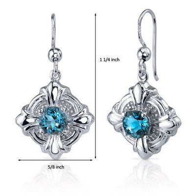 London Blue Topaz Earrings Sterling Silver Round Shape 2 Carats