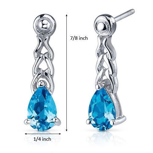 Swiss Blue Topaz Earrings Sterling Silver Pear Shape 2 Carats