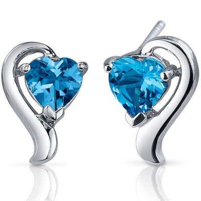 Swiss Blue Topaz Earrings Sterling Silver Heart Shape 2 Carats