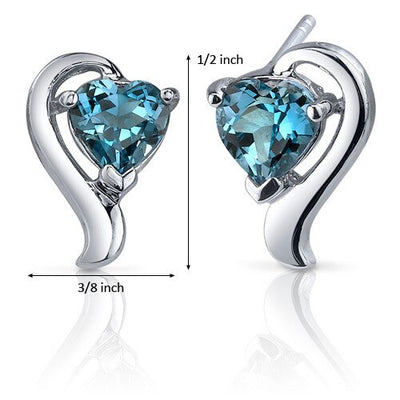 London Blue Topaz Earrings Sterling Silver Heart Shape 2 Carats