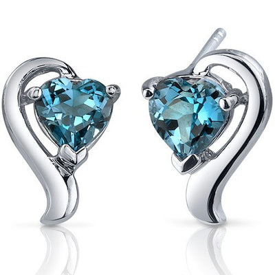 London Blue Topaz Earrings Sterling Silver Heart Shape 2 Carats