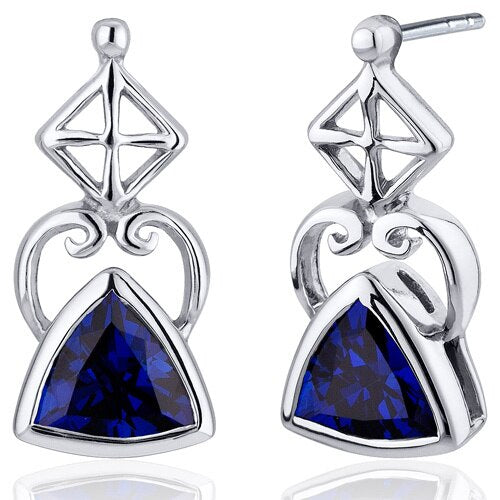 Blue Sapphire Earrings Sterling Silver Trillion Shape 2 Carats