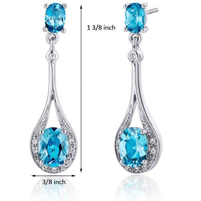 Swiss Blue Topaz Earrings Sterling Silver Oval Shape 3.5 Carats