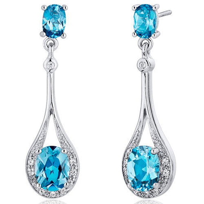 Swiss Blue Topaz Earrings Sterling Silver Oval Shape 3.5 Carats