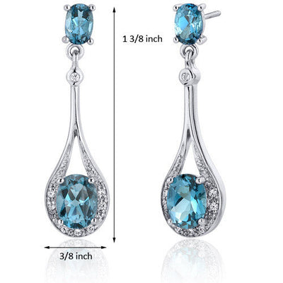 London Blue Topaz Earrings Sterling Silver Oval Shape 4 Carats SE7932-dimensions