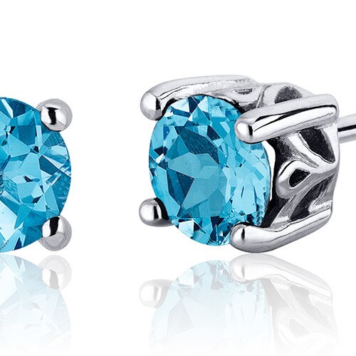 Swiss Blue Topaz Stud Earrings Sterling Silver Round Shape 2 Ct