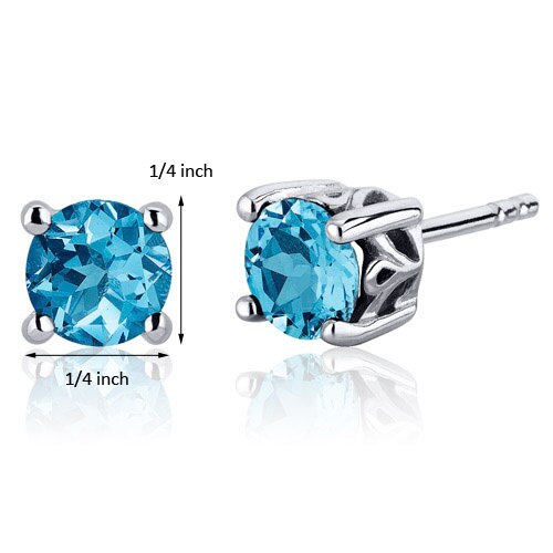 Swiss Blue Topaz Stud Earrings Sterling Silver Round Shape 2 Ct