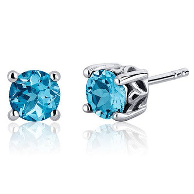 Swiss Blue Topaz Stud Earrings Sterling Silver Round Shape 2 Ct