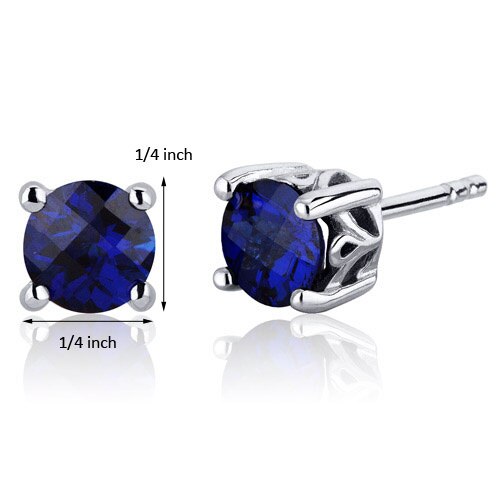 Blue Sapphire Stud Earrings Sterling Silver Round Shape 2 Cts