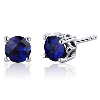 Blue Sapphire Stud Earrings Sterling Silver Round Shape 2 Cts