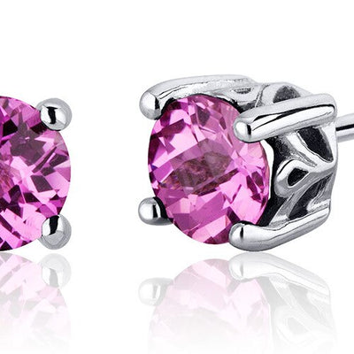 Pink Sapphire Stud Earrings Sterling Silver Round Shape 2 Cts