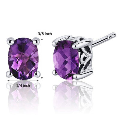 Amethyst Stud Earrings Sterling Silver Oval Shape 1.5 Carats