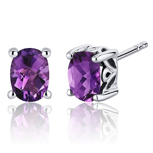 Amethyst Stud Earrings Sterling Silver Oval Shape 1.5 Carats