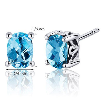 Swiss Blue Topaz Stud Earrings Sterling Silver Oval Cut 1.5 Cts