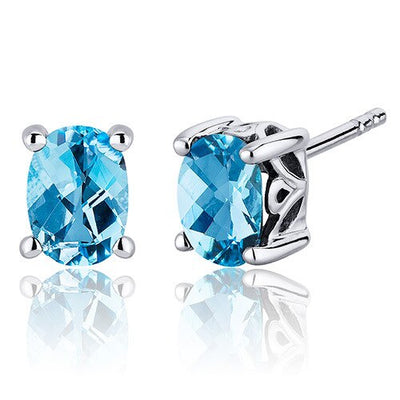 Swiss Blue Topaz Stud Earrings Sterling Silver Oval Cut 1.5 Cts