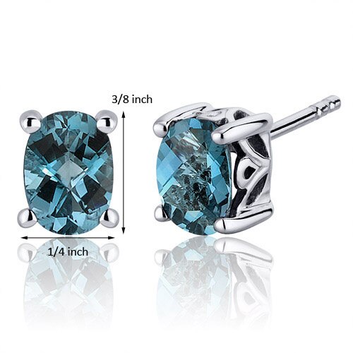 London Blue Topaz Stud Earrings Sterling Silver Oval Cut 1.5 Ct