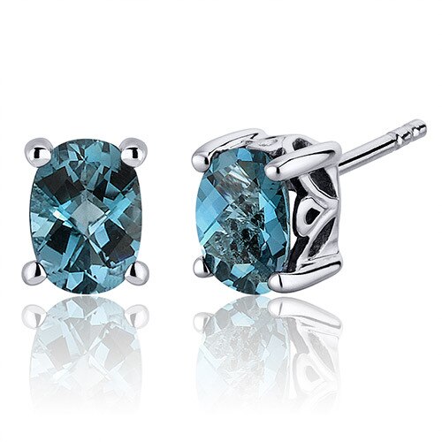 London Blue Topaz Stud Earrings Sterling Silver Oval Cut 1.5 Ct