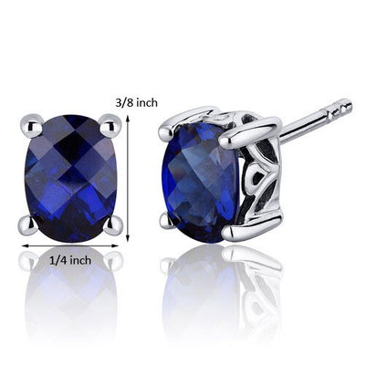 Blue Sapphire Stud Earrings Sterling Silver Oval Shape 2 Carats