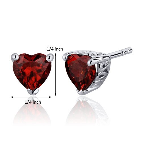 Garnet Stud Earrings Sterling Silver Heart Shape 2 Carats