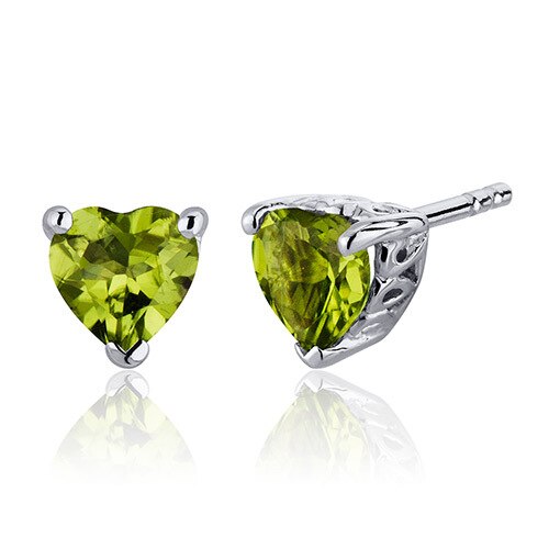 Peridot Stud Earrings Sterling Silver Heart Shape 1.5 Carats