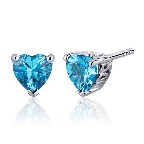 Swiss Blue Topaz Stud Earrings Sterling Silver Heart Shape 2 Ct