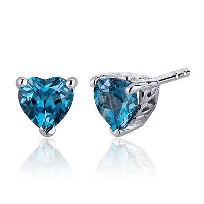 London Blue Topaz Stud Earrings Sterling Silver Heart Cut 2 Cts