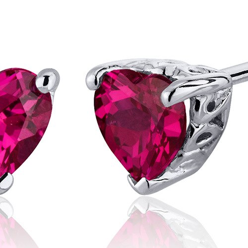 Ruby Stud Earrings Sterling Silver Heart Shape 2 Carats