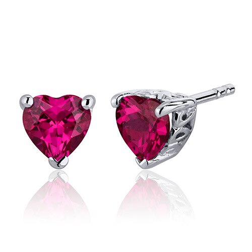 Ruby Stud Earrings Sterling Silver Heart Shape 2 Carats