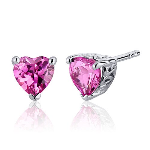 Pink Sapphire Stud Earrings Sterling Silver Heart Shape 2 Cts