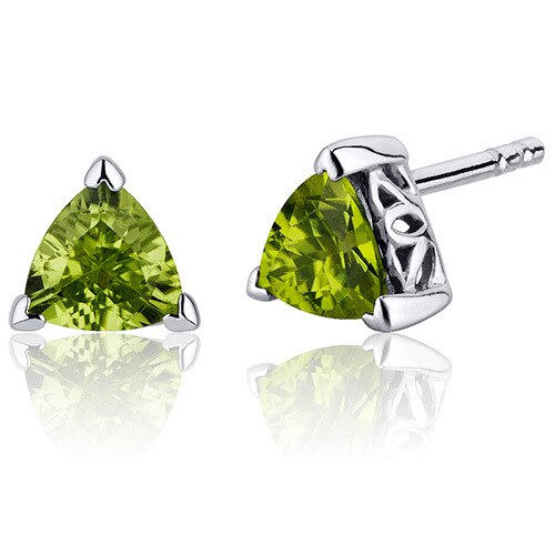 Peridot Stud Earrings Sterling Silver Trillion Shape 1.5 Carats