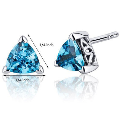 Swiss Blue Topaz Stud Earrings Sterling Silver Trillion Cut