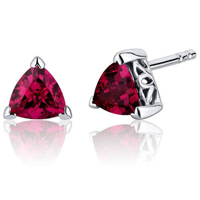 Ruby Stud Earrings Sterling Silver Trillion Shape 2 Carats