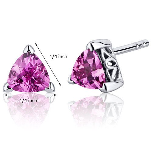 Pink Sapphire Stud Earrings Sterling Silver Trillion Shape 2 Ct