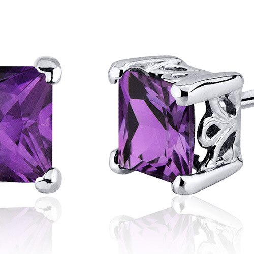 Amethyst Stud Earrings Sterling Silver Princess Cut 2 Carats