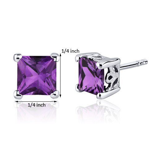 Amethyst Stud Earrings Sterling Silver Princess Cut 2 Carats