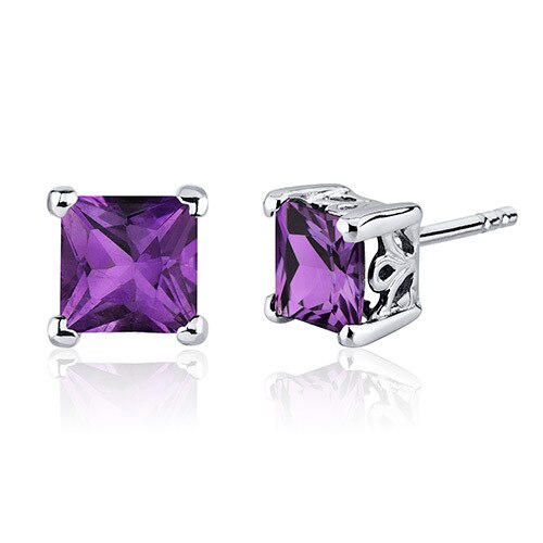 Amethyst Stud Earrings Sterling Silver Princess Cut 2 Carats