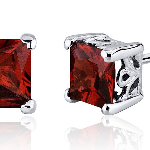 Garnet Stud Earrings Sterling Silver Princess Cut 2.5 Carats