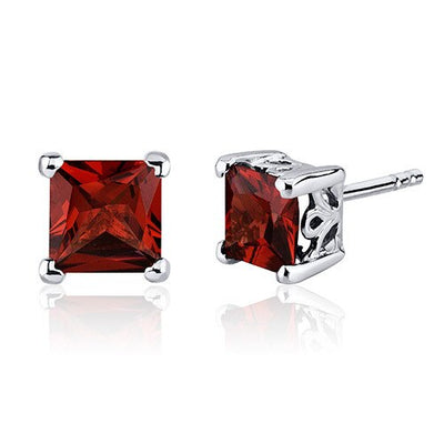 Garnet Stud Earrings Sterling Silver Princess Cut 2.5 Carats