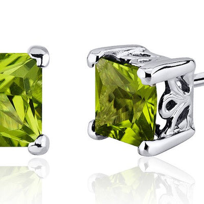 Peridot Stud Earrings Sterling Silver Princess Cut 2 Carats