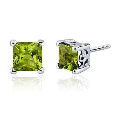 Peridot Stud Earrings Sterling Silver Princess Cut 2 Carats