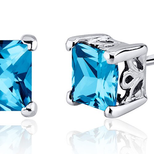 Swiss Blue Topaz Stud Earrings Sterling Silver Princess Cut