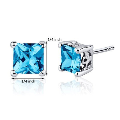 Swiss Blue Topaz Stud Earrings Sterling Silver Princess Cut