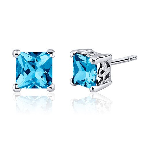 Swiss Blue Topaz Stud Earrings Sterling Silver Princess Cut