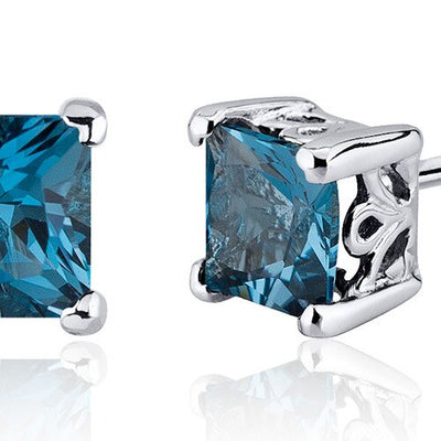 London Blue Topaz Stud Earrings Sterling Silver Princess Cut