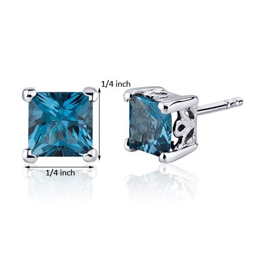 London Blue Topaz Stud Earrings Sterling Silver Princess Cut