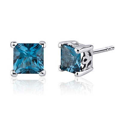 London Blue Topaz Stud Earrings Sterling Silver Princess Cut